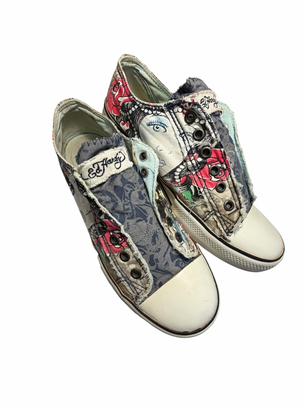 Ed Hardy Women's Low-Top Trainers Floral Skull Slip-On Sneakers  Sz 10
